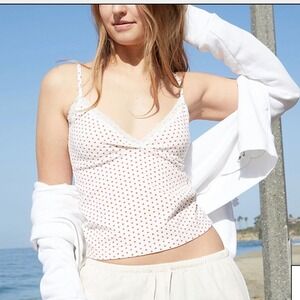 NWT John Galt Brandy Melville Amara Cami Top Red White Heart Print Lace Trim OS